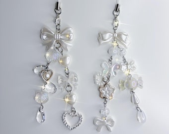 White Pearl Bow Keychain | Cute Keychain | Iridescent Transparent Shell Beads Keychain | Crystal heart keychain | Phone Charm | Gifts | Gift