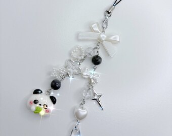 Kawaii Panda Phone Charm | Black Panda Keychain | Panda Bear Phone Accessory | Beaded Keychain | Gift | Cute Keychain | Animal Keychain