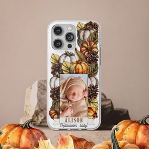 Coque de téléphone personnalisée avec photo pour bébé | Idée cadeau Halloween collage photo téléphone Samsung | Couverture nom automne novembre | Coque pour iPhone, papa et maman