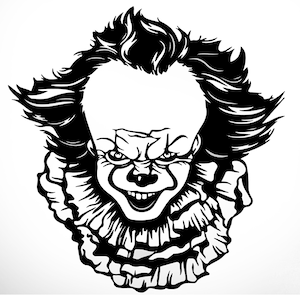 May include: Black and white illustration of a scary clown with a wide smile and a ruffled collar. The clown's hair is styled in a messy, pointed shape.