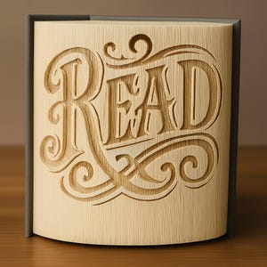 Puede incluir: Caja de madera de color marrón claro con forma de libro, con la palabra "READ" tallada en la parte delantera. Las letras están en un estilo vintage adornado con volutas decorativas. El lomo es de color gris oscuro.