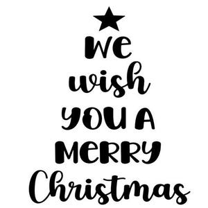 Puede incluir: Gráfico en blanco y negro con las palabras "We wish you a Merry Christmas" dispuestas en forma de árbol de Navidad, coronado por una estrella negra.