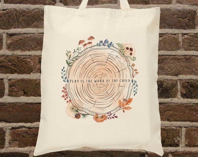 Nature Wildflower Teacher Tote Bag Cotton Handbag Montessori Appreciation Gift Mushroom Reusable Shopping Bag Play is the Work of the Child