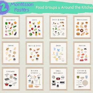 DRUCKBARE Montessori Lebensmittelgruppen und rund um die Küche Poster Set von 12 Set für Vorschule Klassenzimmer Poster für das Lernen von Essen für Kinder
