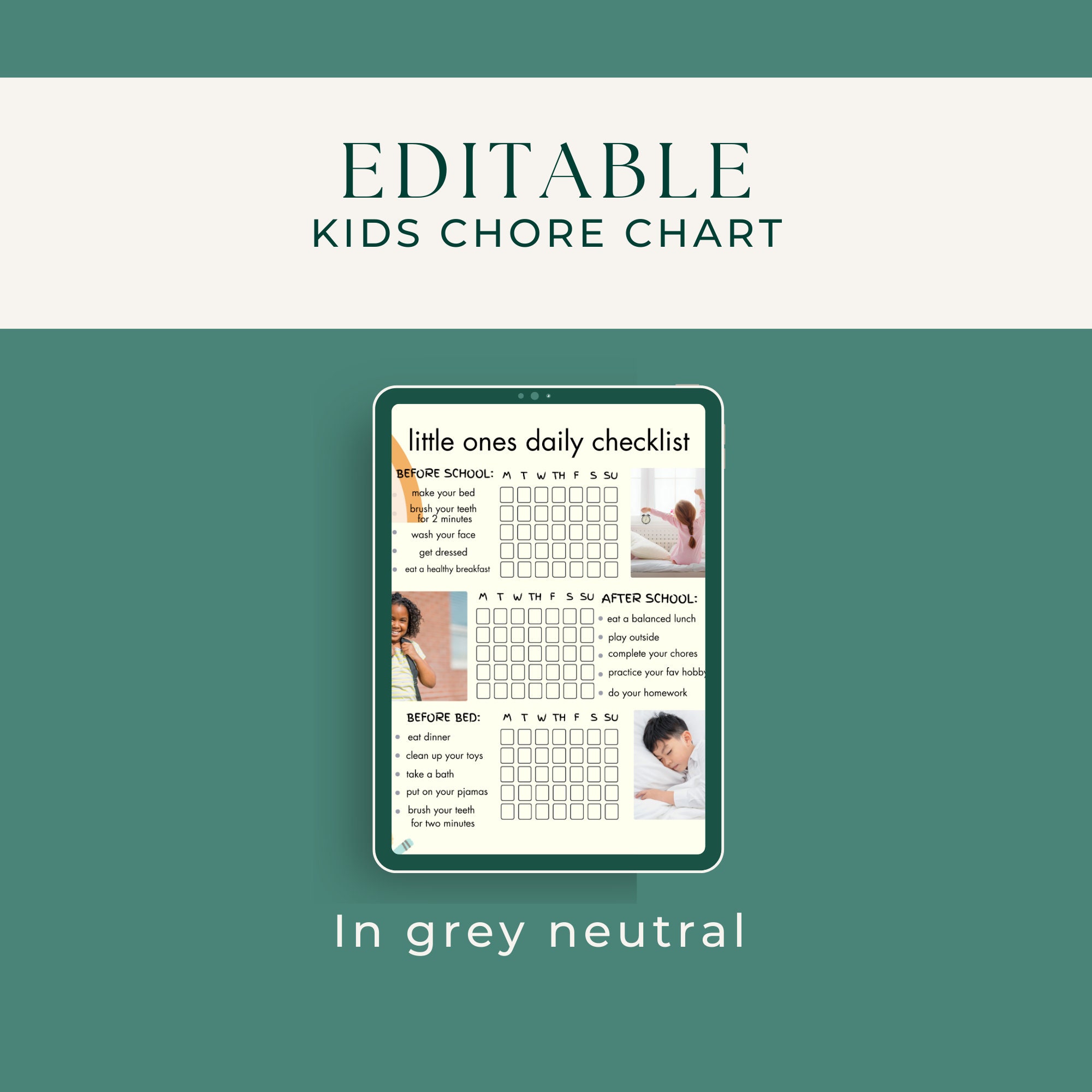Editable Chore Chart for Kids | Grey Neutral | Daily Weekly Schedule ...