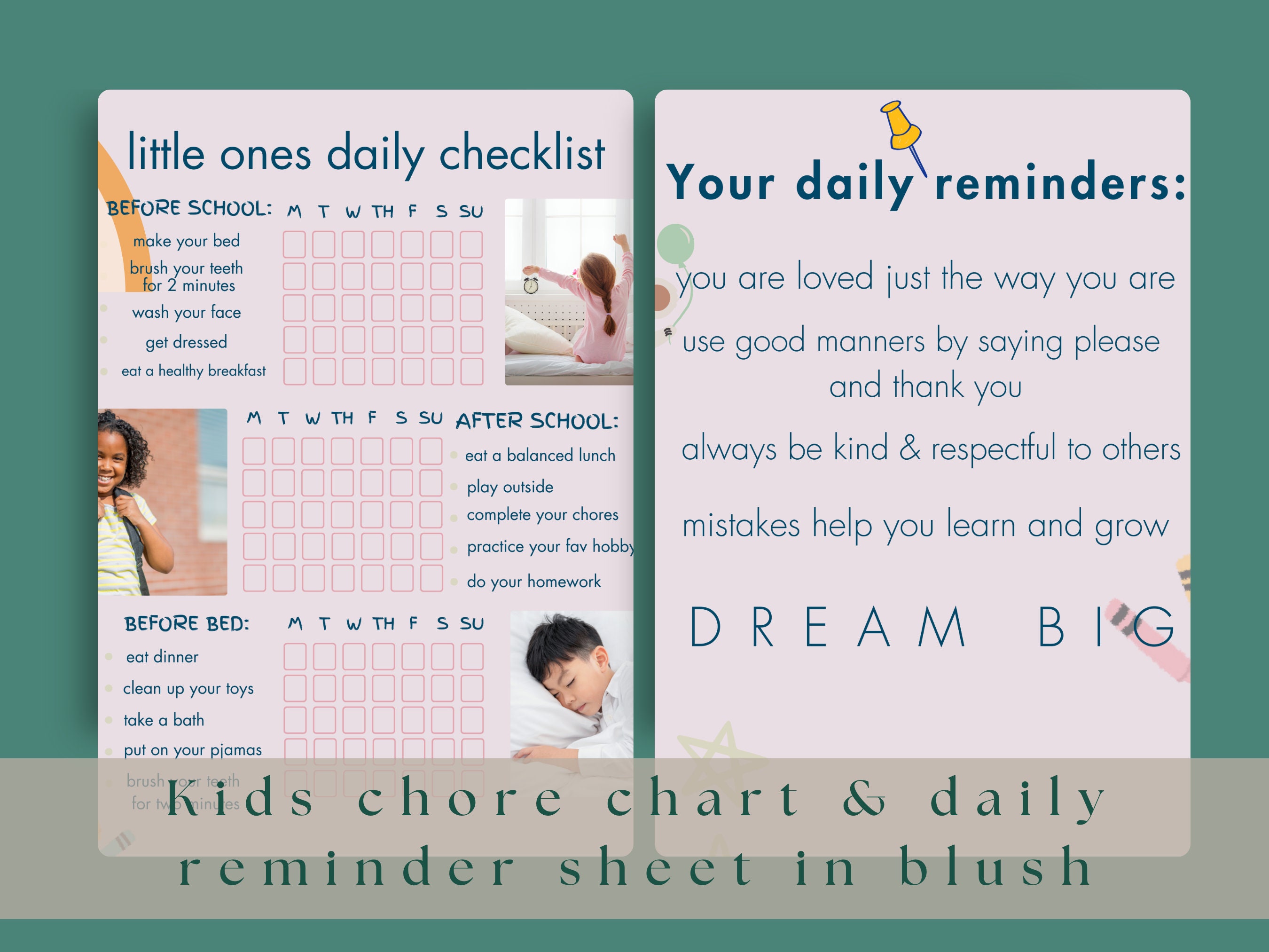 Editable Chore Chart for Kids | Pink + Blue | Daily Weekly Schedule ...