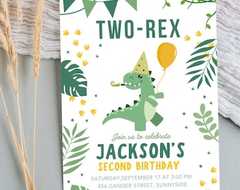 Convite de Aniversário Two-Rex – Convite Editável para Festa de Dinossauro | Modelo Canva para 2º Aniversário | Download Digital