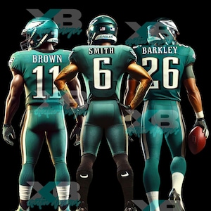 以下が含まれることがあります： 緑と白のユニフォームを着たフィラデルフィア・イーグルスのフットボール選手3人。背中には名前と番号が書かれている。選手は一列に並んで立っており、左側の選手は11番、真ん中の選手は6番、右側の選手は26番を付けている。