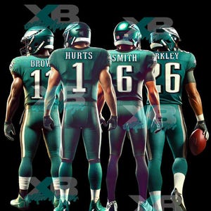 May include: Four football players in green and white uniforms stand with their backs to the viewer. The jerseys display the names and numbers of the players: Brown 11, Hurts 1, Smith 6, and Barkley 26. The background is black.