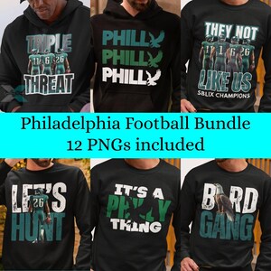 以下が含まれることがあります： フィラデルフィア・イーグルスをテーマにしたデザインの黒いスウェットシャツとパーカーのコレクション。シャツには「Triple Threat」、「Philly」、「Bird Gang」などのフレーズと、選手の背番号とイーグルのグラフィックが描かれています。「Philadelphia Football Bundle」というテキストも含まれています。
