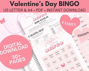 Juego de bingo para el día de San Valentín imprimible, descarga instantánea, actividad para fiestas en el aula y en familia, 16 tarjetas únicas, bingo divertido para el día de San Valentín, 8,5 x 11/A4