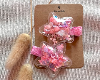 2er Set Meerjungfrau Haarspange, glitzernde pinke Sternspange mit Füllung, Snapclips, Muschel Haaraccessoires, trendige Haarklammer