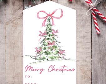 Etichetta regalo di Natale, etichetta regalo di Natale rosa, etichetta regalo di Natale ragazza, download immediato, modificabile, etichetta regalo di festa stampabile, fiocchi, fiocco rosa