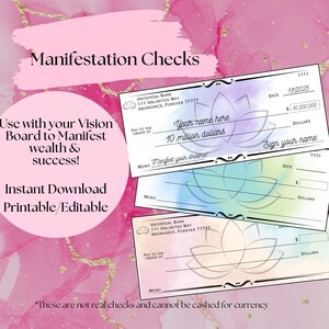 Manifestation checks, vision board checks, law of attraction, printable blank abundance checks, money magnet, blank editable checks, pink