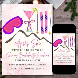 Apres ski bachelorette party invite, ski hen party, ski bachelorette weekend invite, ski weekend, pink, instant download, editable invite