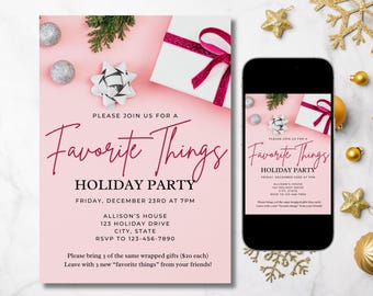 May include: A pink invitation for a "Favorite Things Holiday Party" with text and decorative elements. The invitation includes details like the date, time, and location. A smartphone displays the same invitation.