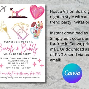 May include: A pink and white invitation for a Vision Board party. The invitation features a pink heart, a woman doing yoga, a glass of champagne, a stack of money, and a glass of fruit punch. The text on the invitation reads "Boards & Bubbly Vision Board Party" and "Let's manifest our dreams for 2025!"