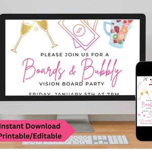 May include: A digital invitation for a vision board party with the text "Please join us for a Boards & Bubbly Vision Board Party Friday January 5th at 7pm". The invitation features a pink and gold colour scheme with illustrations of champagne glasses, money, and a cocktail.
