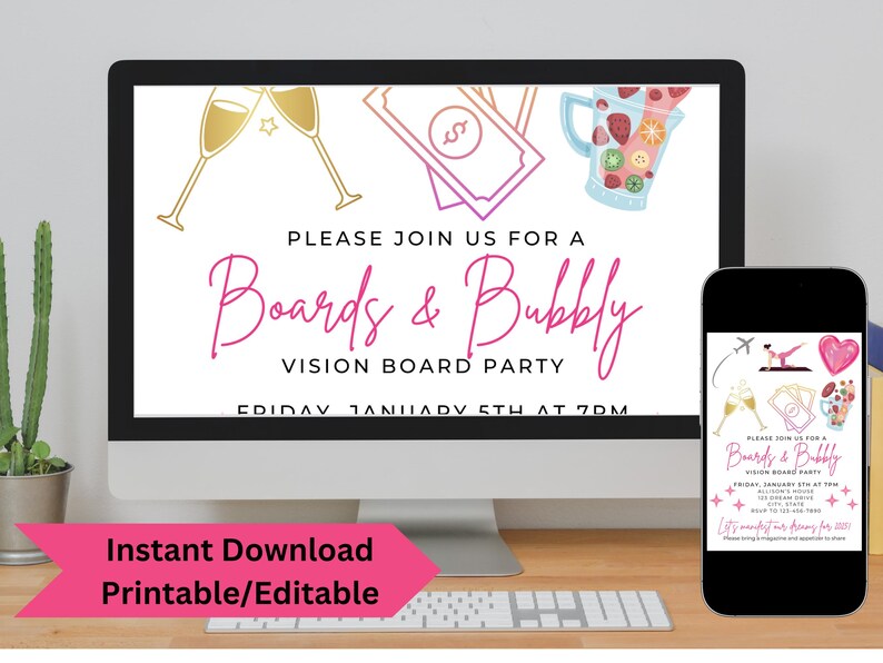 May include: A digital invitation for a vision board party with the text "Please join us for a Boards & Bubbly Vision Board Party Friday January 5th at 7pm". The invitation features a pink and gold colour scheme with illustrations of champagne glasses, money, and a cocktail.