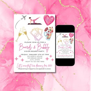 Boards and bubbly invite, Vision Board party invitation, manifestation party invite, girls night party, instant download, editable invite image 1