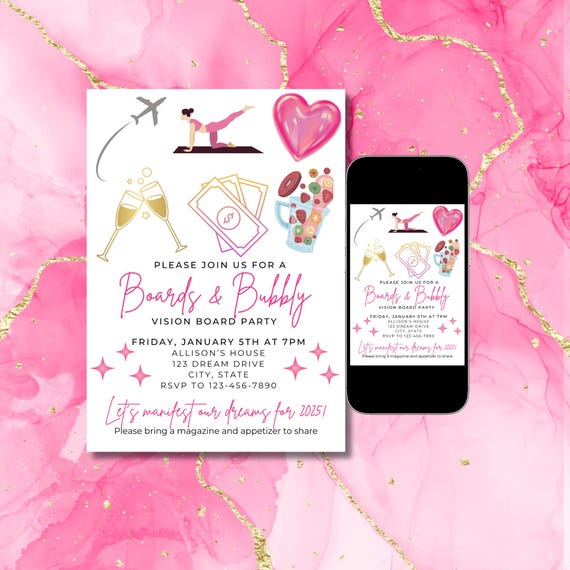 Boards and bubbly invite, Vision Board party invitation, manifestation party invite, girls night party, instant download, editable invite