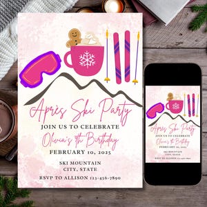 Apres ski birthday party invite, ski birthday party, ski weekend invite, girls ski party invite, pink, instant download, editable invite