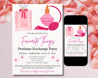 Favorite Things Perfume Exchange party invite, perfume party invite, Galentines perfume invite, pink bows, instant download, editable invite
