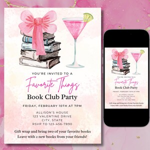 Favorite Things book club invite, Favorite Things book, book club party, book exchange, Favorite Things, instant download, editable invite. Stack of pastel colored books with Pink Coquette bow, pink martini