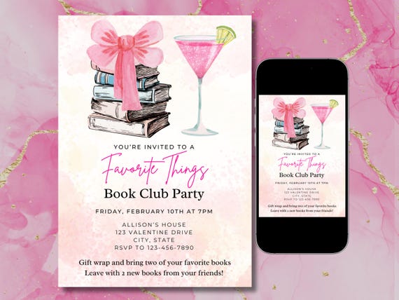 Favorite Things book club invite, Favorite Things book, book club party, book exchange, Favorite Things, instant download, editable invite