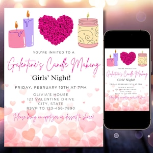 May include: Invitation to a Galentine's Candle Making Girls' Night. The invitation features a pink and purple candle, a heart made of pink roses, and a yellow candle jar. The text on the invitation reads "You're invited to a Galentine's Candle Making Girls' Night!" and includes the date, time, location, and RSVP information.