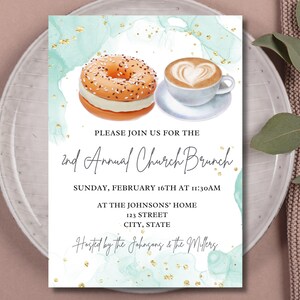 May include: Invitation to a 2nd Annual Church Brunch on Sunday, 16th February at 11:30 AM at the Johnsons' home, 123 Street, City, State. Hosted by the Johnsons and the Millers. The invitation features a watercolour background with gold glitter and illustrations of a bagel with cream cheese and a cup of coffee.