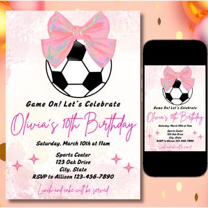 May include: Pink and white football birthday party invitation with a pink bow and glitter background. The invitation says "Game On! Let's Celebrate Olivia's 10th Birthday" and includes the date, time, location, and RSVP information.