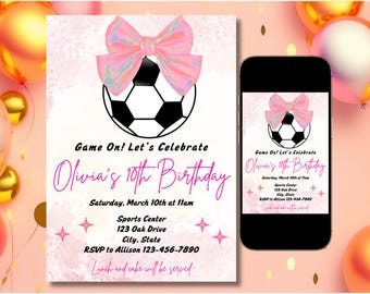 Girl soccer birthday invite, soccer birthday party invitation, girl soccer invite, pink bow, Coquette, instant download, editable invite