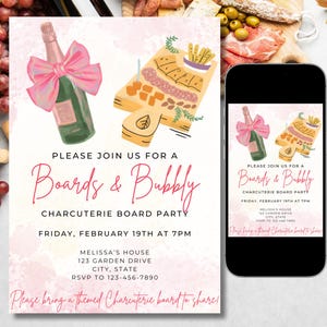 Boards and Bubbly charcuterie board party invite, charcuterie party invite, girls night invite, pink bow, instant download, editable invite