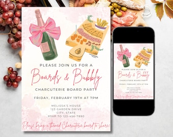 May include: Pink and white invitation for a "Boards & Bubbly" charcuterie board party. The invitation features a watercolor illustration of a charcuterie board with a bottle of champagne and a pink bow. The text on the invitation reads "Please join us for a Boards & Bubbly Charcuterie Board Party, Friday, February 19th at 7pm. Melissa's House, 123 Garden Drive, City, State. RSVP to 123-456-7890. Please bring a themed charcuterie board to share!"