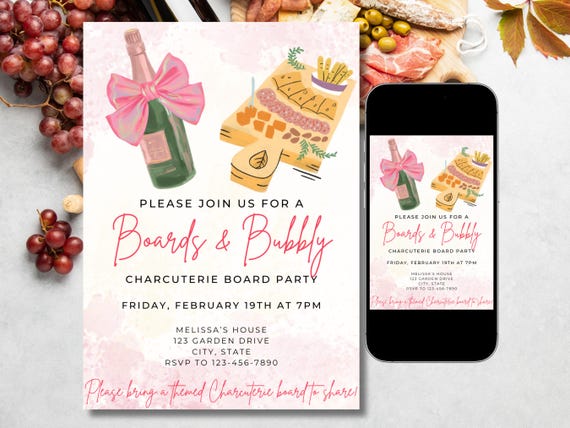 Boards and Bubbly charcuterie board party invite, charcuterie party invite, girls night invite, pink bow, instant download, editable invite