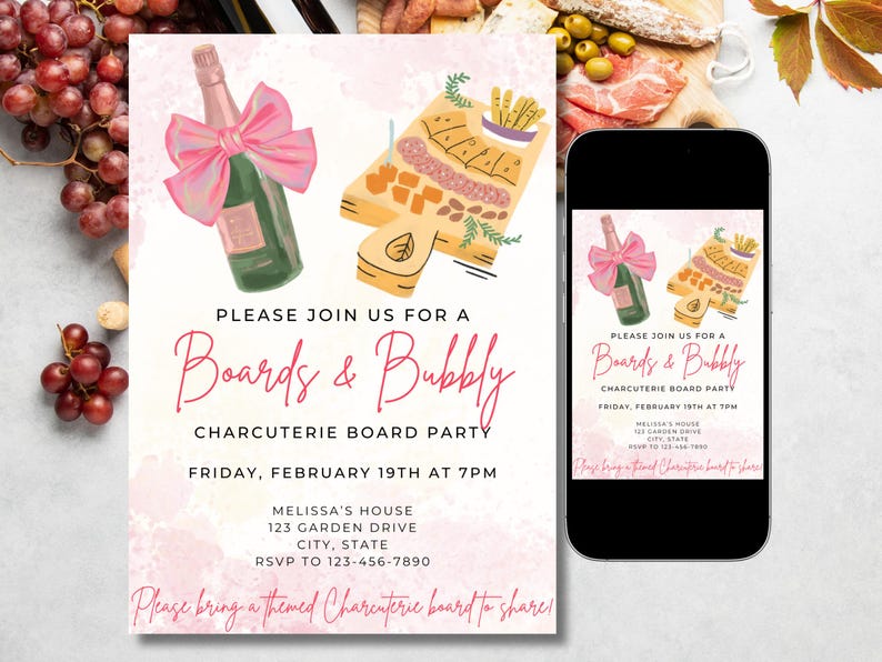 Boards and Bubbly charcuterie board party invite, charcuterie party invite, girls night invite, pink bow, instant download, editable invite
