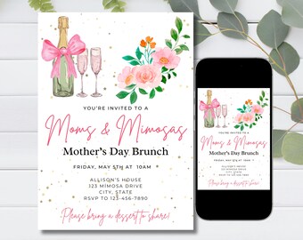 Mothers day brunch invite, Mothers day invite, mothers day brunch, moms and mimosas, girls brunch party, instant download editable invite