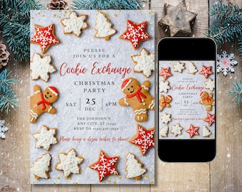 Festa de troca de biscoitos, convite para festa de biscoitos, festa de troca de biscoitos, troca de biscoitos, troca de biscoitos de Natal, download instantâneo, convite editável