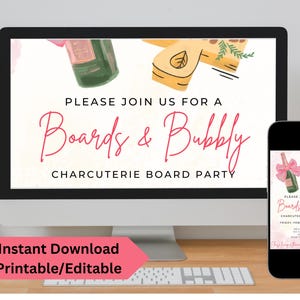 May include: A digital image of a printable invitation for a "Boards & Bubbly" charcuterie board party. The invitation features a pink and white background with illustrations of a champagne bottle and a charcuterie board. The text "Please join us for a Boards & Bubbly Charcuterie Board Party" is written in pink and black.