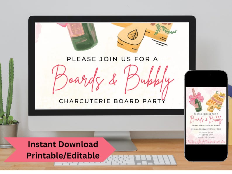 May include: A digital image of a printable invitation for a "Boards & Bubbly" charcuterie board party. The invitation features a pink and white background with illustrations of a champagne bottle and a charcuterie board. The text "Please join us for a Boards & Bubbly Charcuterie Board Party" is written in pink and black.