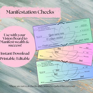 Manifestation checks, vision board checks, law of attraction, printable blank abundance checks, money magnet, blank editable checks, pink