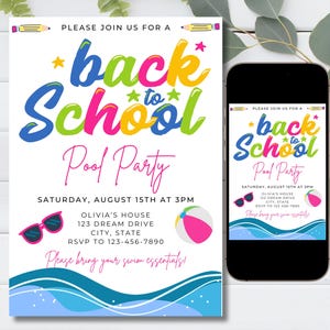 Back to School end of summer pool party invite, kids pool party, back to school bash, class pool party, instant download, editable invite