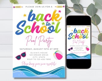 Back to School end of summer pool party invite, kids pool party, back to school bash, class pool party, instant download, editable invite