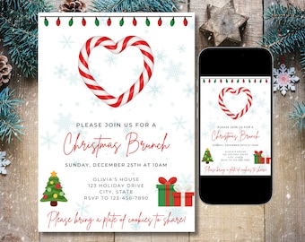 May include: A Christmas brunch invitation with a candy cane heart design, snowflakes, and a Christmas tree. The invitation includes the text "Please join us for a Christmas Brunch", "Sunday, December 25th at 10am", "Olivia's House", "123 Holiday Drive", "City, State", "RSVP to 123-456-7890", and "Please bring a plate of cookies to share!"