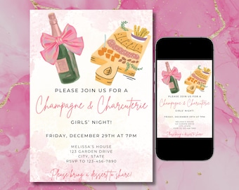 May include: Pink and white invitation for a Champagne and Charcuterie Girls' Night. The invitation features a hand-drawn illustration of a charcuterie board with a bottle of champagne and a pink bow. The text on the invitation reads "Please join us for a Champagne & Charcuterie Girls' Night!" and includes the date, time, location, and RSVP information.