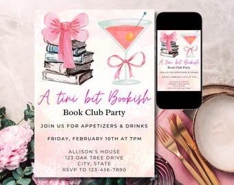 Invitación al club de lectura, Tini Bit Bookish, fiesta del club de lectura, invitación a un martini, fiesta de martini, noche de chicas, lazo rosa, descarga instantánea, invitación editable