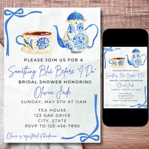 Chinoiserie bridal shower invite, chinoiserie invite, toile de juoy, chinoiserie wedding, something blue, instant download editable invite
