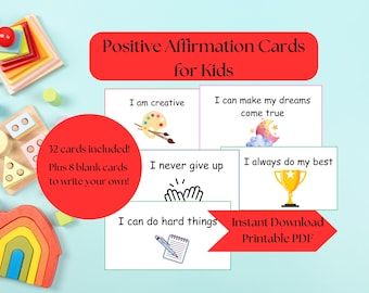 May include: A collection of positive affirmation cards for kids, featuring phrases like "I am creative" and "I can make my dreams come true." The set includes 32 cards plus 8 blank cards. The words "Positive Affirmation Cards for Kids" are displayed in red.