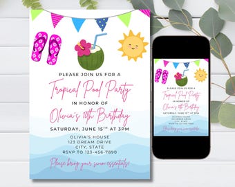 Tropical birthday pool party invite, girl pool party, swim birthday invite, tropical theme invite, instant download, editable digital invite